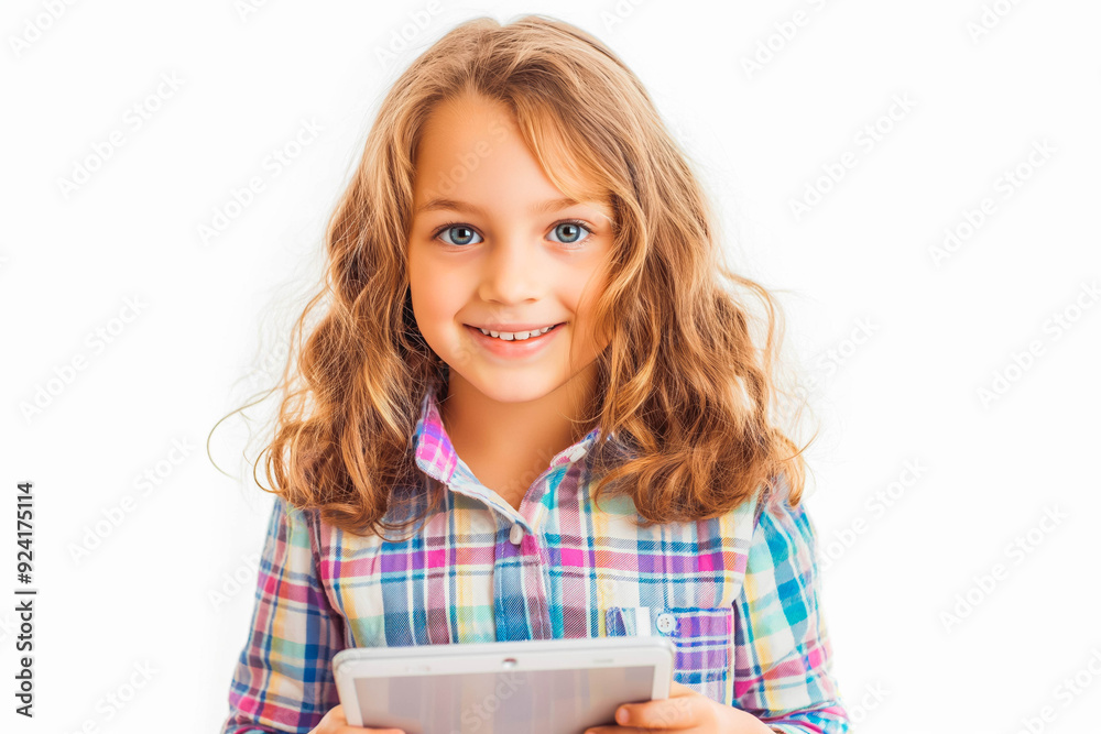 Child girl holding tablet on white background Child girl holding tablet on white background
