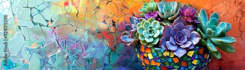 Wallpaper Mural Colorful succulent arrangement in a decorative mosaic pot against a vibrant background, showcasing nature's beauty and artistic flair. Torontodigital.ca