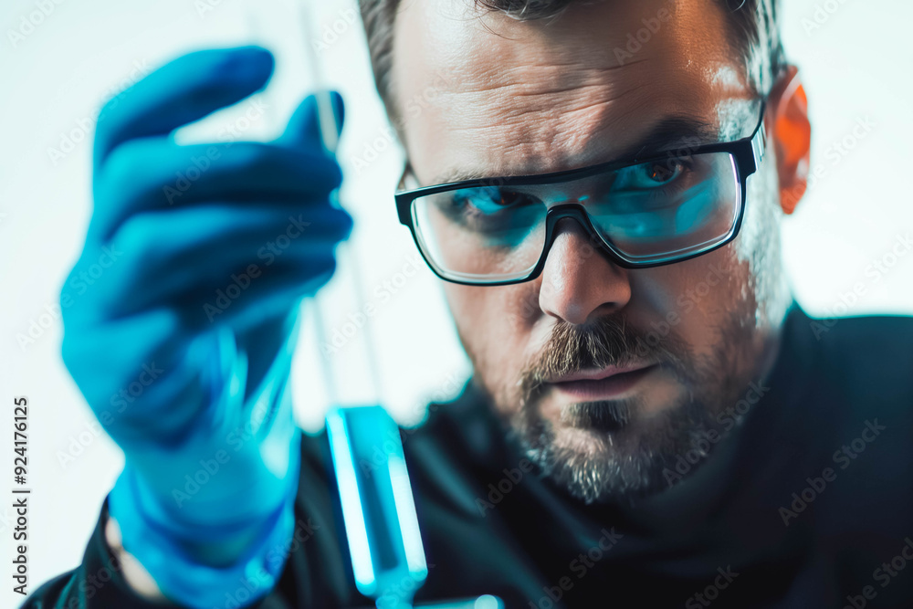 Scientist examining a test tube with a white background.