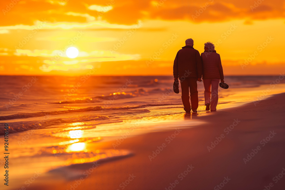 Loving Senior Couple Enjoying Sunset on Scenic Beach Loving Senior Couple Enjoying Sunset on Scenic Beach