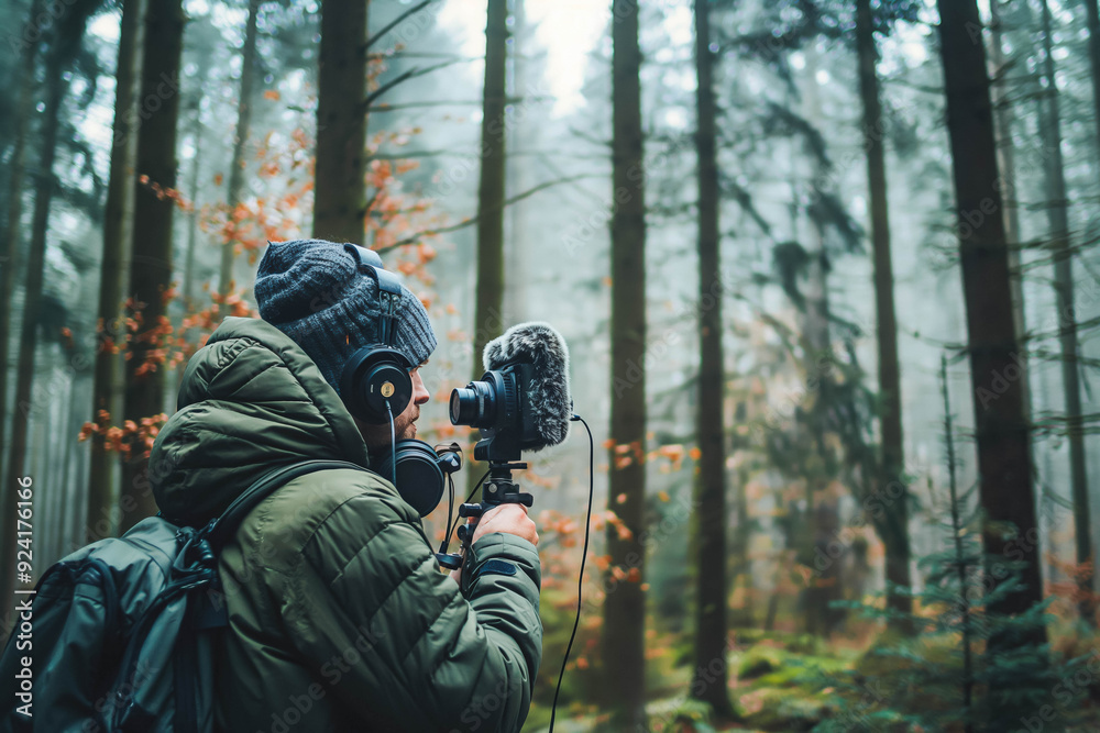 Sound Engineer Recording Nature Sounds in Dense Forest Sound Engineer Recording Nature Sounds in Dense Forest