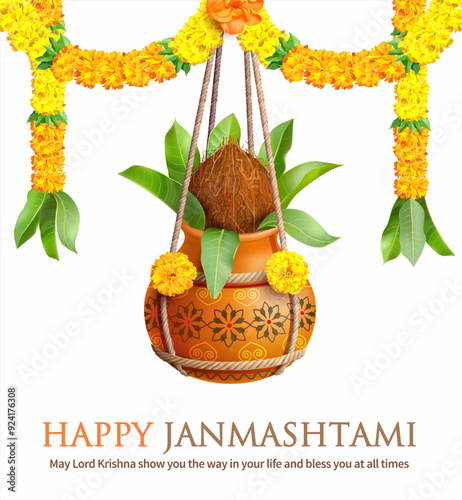 Greeting card with Kalash (pot, dahi handi) and toran (garland) for Hindu festival Krishna Janmashtami (birth of Lord Krishna). Vector illustration.