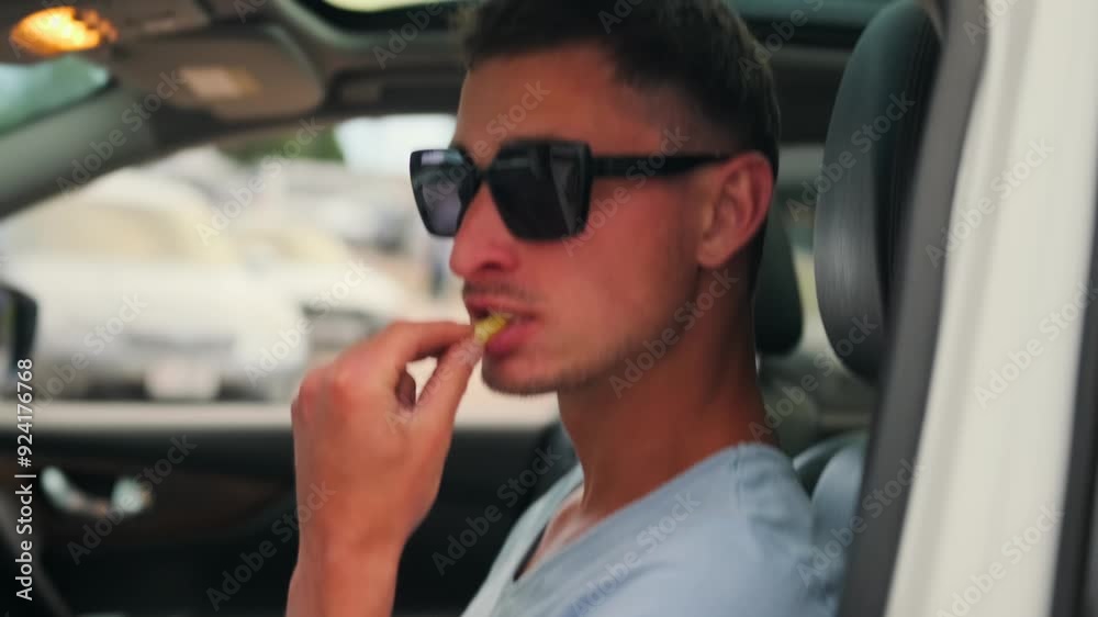 A young man eats french fries from a fast food in lunchtime sitting the wheel of a car. Close up. Slow motion. A young man eats french fries from a fast food in lunchtime sitting the wheel of a car. Close up. Slow motion.
