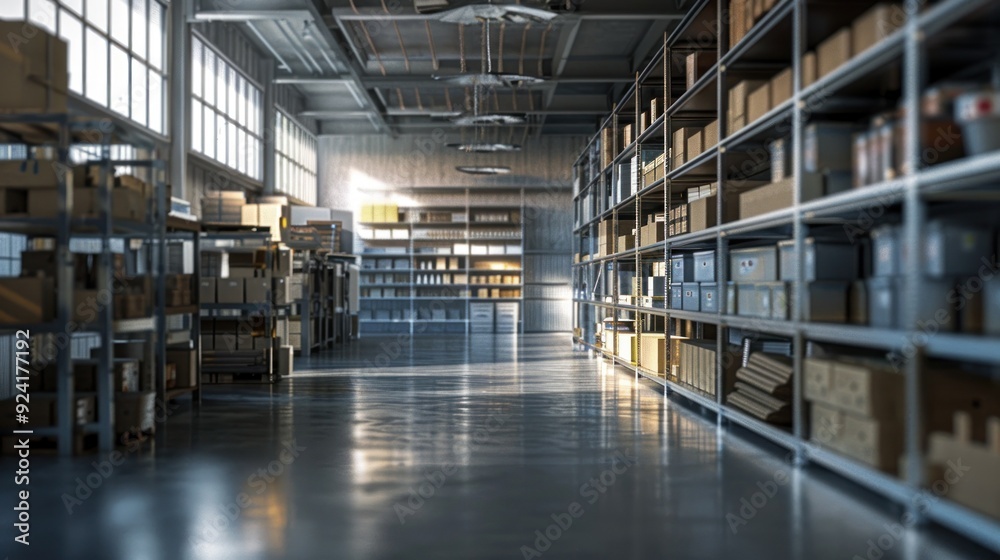 Fototapeta premium Warehouse Interior with Rows of Shelves