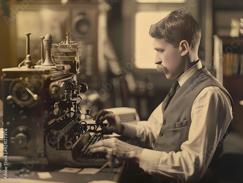 Person in vintage clothing operating telegraph machine, sending message in old-fashioned communication style. photo