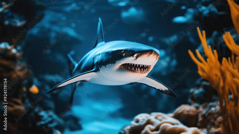 Fototapeta premium A great white shark with its mouth open, showing its sharp teeth, swims towards the camera in a clear blue water aquarium.
