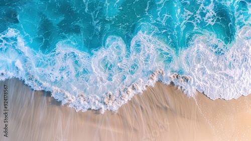 Produce an aerial view capturing the tranquil interaction between azure waves and a soft sandy beach, highlighting a picturesque and calming scene