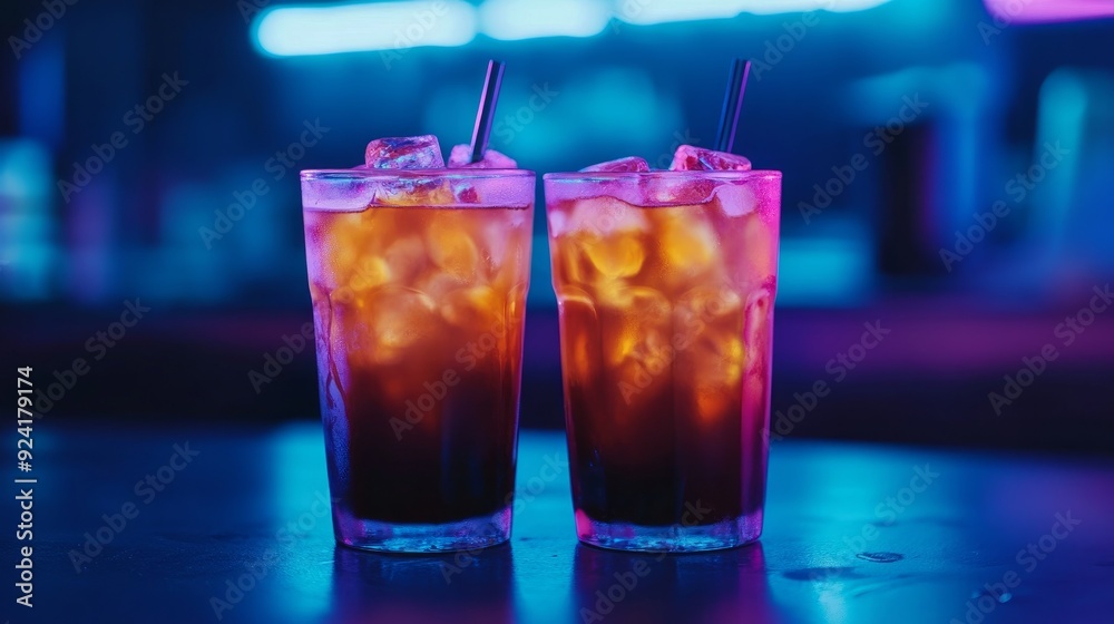 A black table with two cold cold brew coffees and neon lighting. Cool summertime iced coffee A black table with two cold cold brew coffees and neon lighting. Cool summertime iced coffee