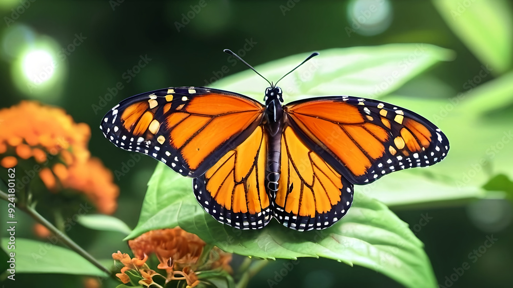 Fototapeta premium Monarch butterfly in a summer garden with blossoming flowers.