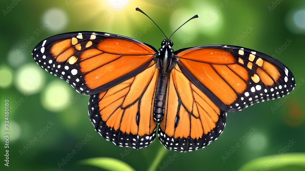 Fototapeta premium Monarch butterfly in a green blossom8ng garden on a summer day.