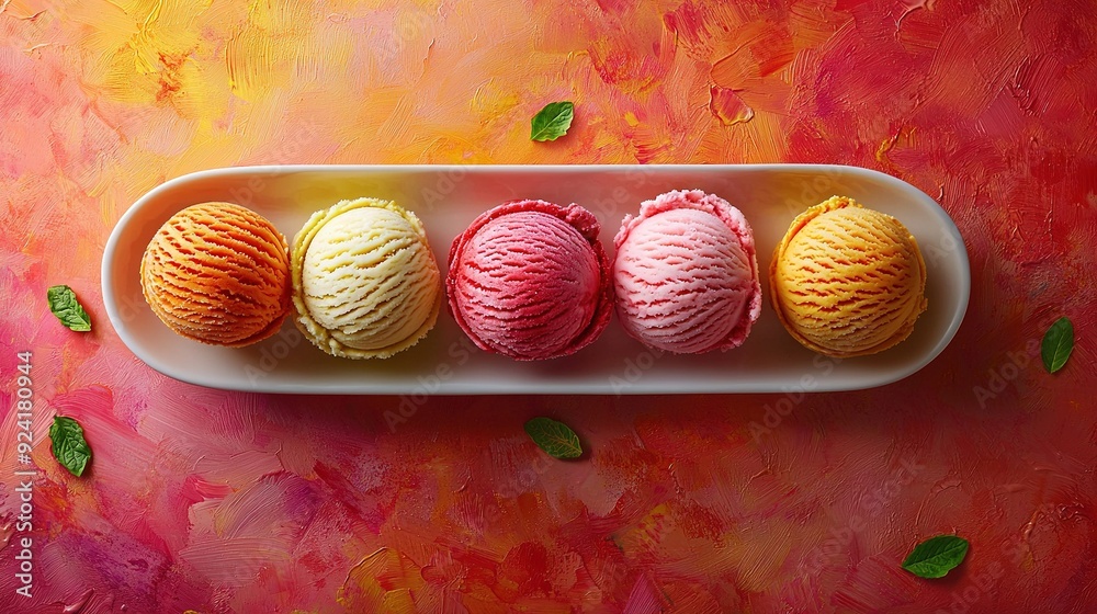 Three scoops of ice cream are served in a white dish on a vibrant pink and orange painted table with fresh green foliage Three scoops of ice cream are served in a white dish on a vibrant pink and orange painted table with fresh green foliage