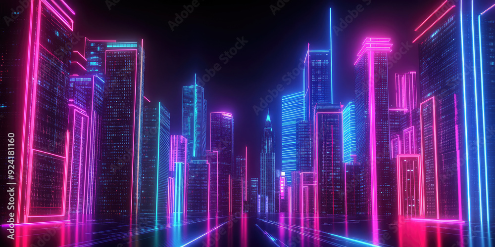 Neon Cityscape Landscape. A Digital 3d Metropolis with high-rise buildings and neon lights Neon Cityscape Landscape. A Digital 3d Metropolis with high-rise buildings and neon lights