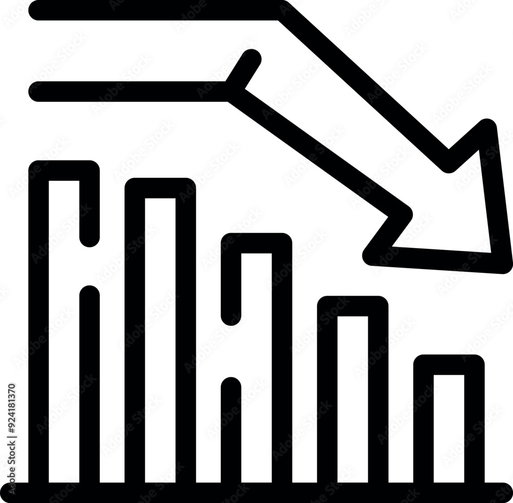 Simple vector icon representing a bar graph with a big arrow pointing down