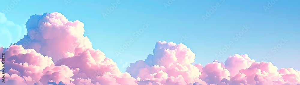 A serene view of fluffy pink clouds drifting through a clear blue sky, perfect for creating a calming atmosphere in visuals. A serene view of fluffy pink clouds drifting through a clear blue sky, perfect for creating a calming atmosphere in visuals.