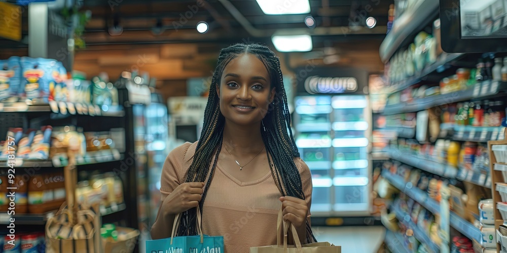 woman holding shopping bags, grocery store woman holding shopping bags, grocery store