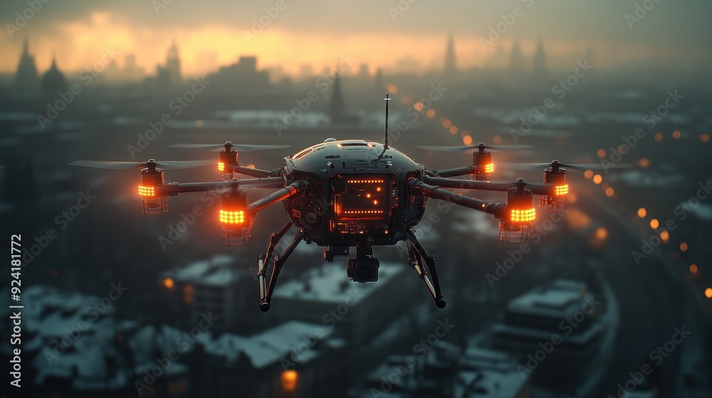 Drone Flying Over City at Sunset Drone Flying Over City at Sunset