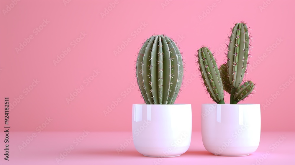 A vibrant display of cactus plants in white pots against a soft pink background, perfect for home decor and botanical themes. A vibrant display of cactus plants in white pots against a soft pink background, perfect for home decor and botanical themes.