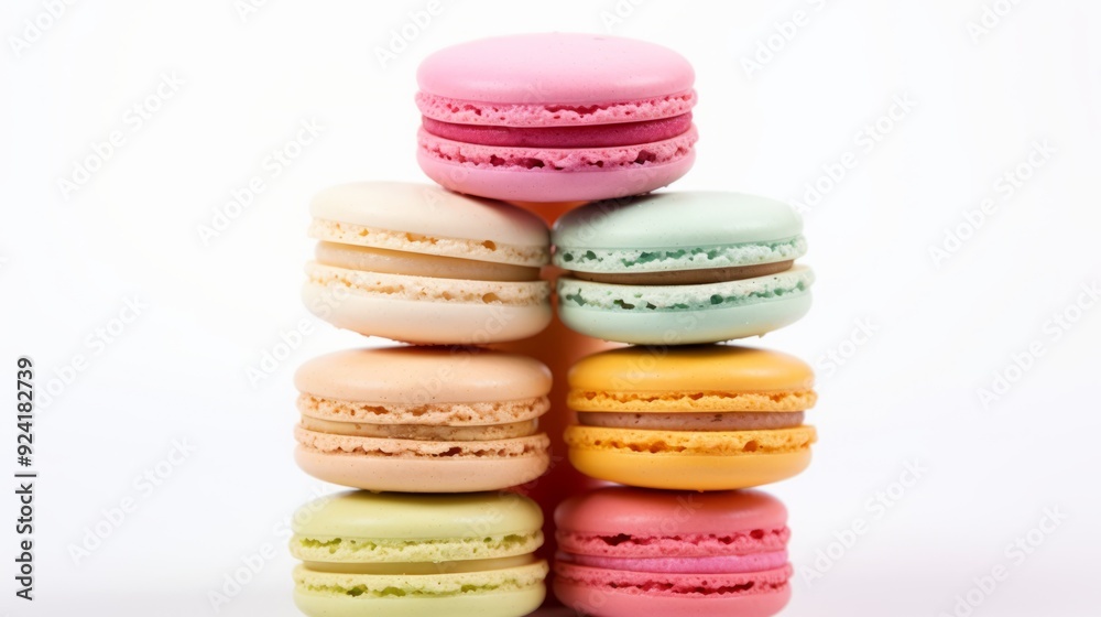 Colorful Macarons Stacked on White Background - High-Resolution Photograph Colorful Macarons Stacked on White Background - High-Resolution Photograph