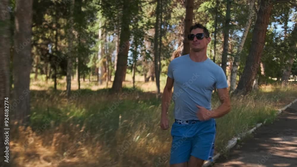 Fit man in sunglasses running fast athlete training endurance on country park at sunny morning, runner jogging cardio exercise workout. Fit man in sunglasses running fast athlete training endurance on country park at sunny morning, runner jogging cardio exercise workout.