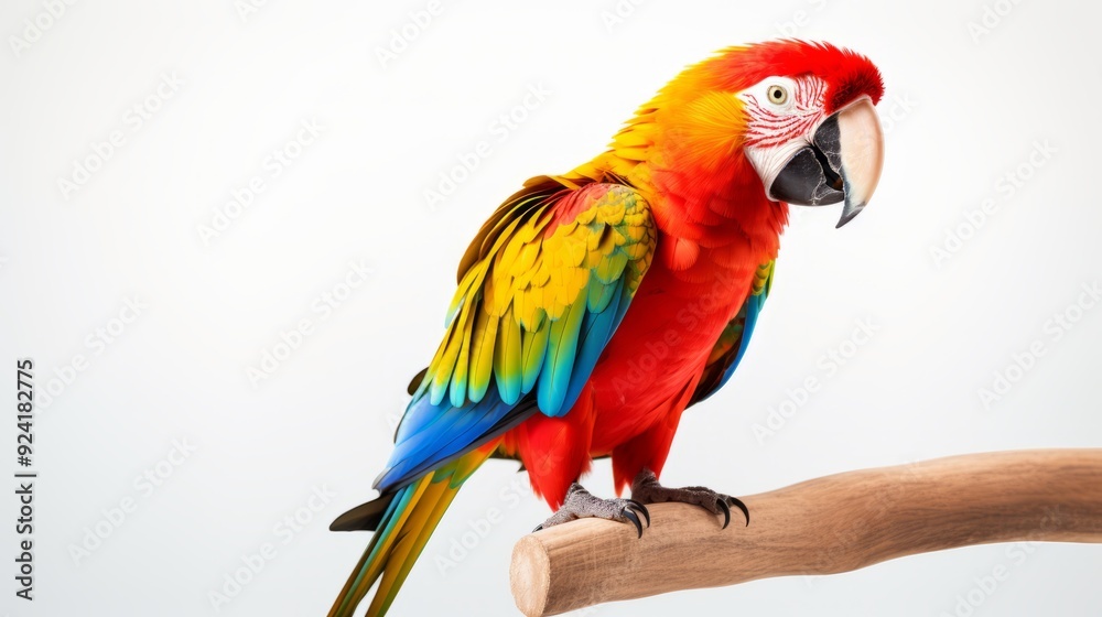 Fototapeta premium Vibrant Parrot Portrait: Colorful Feathers on White Background