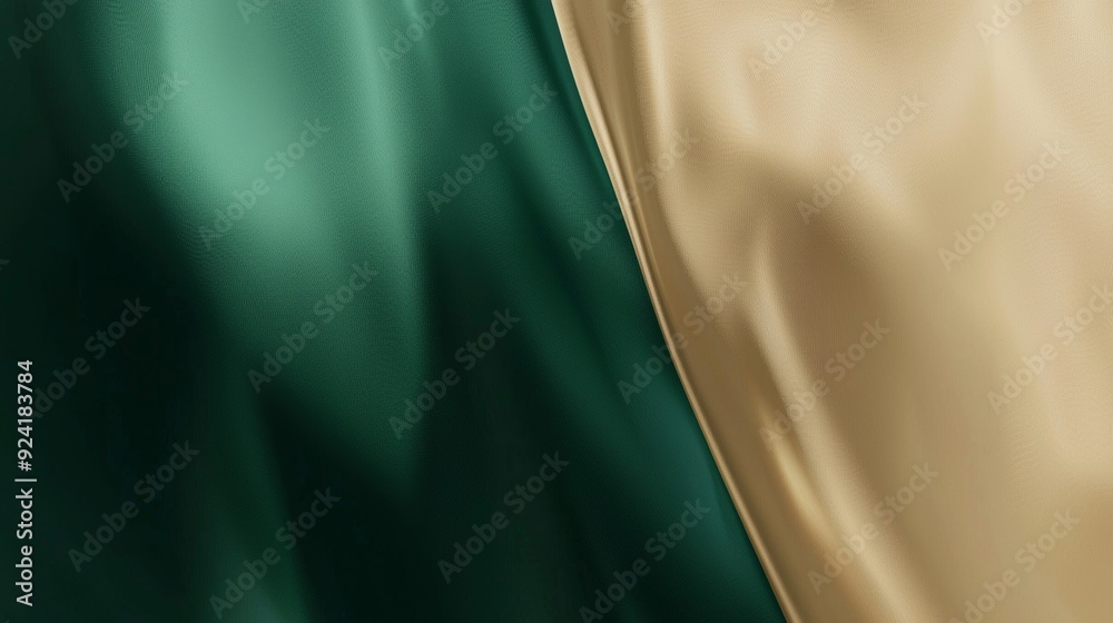 Obraz premium Elegant background image featuring green and gold silk fabric flowing in the wind, creating a luxurious and sophisticated aesthetic