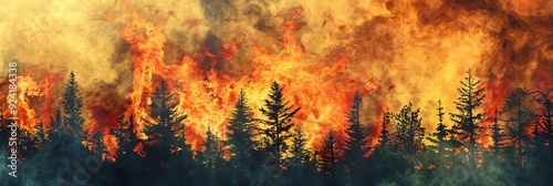 A forest fire is raging through a wooded area