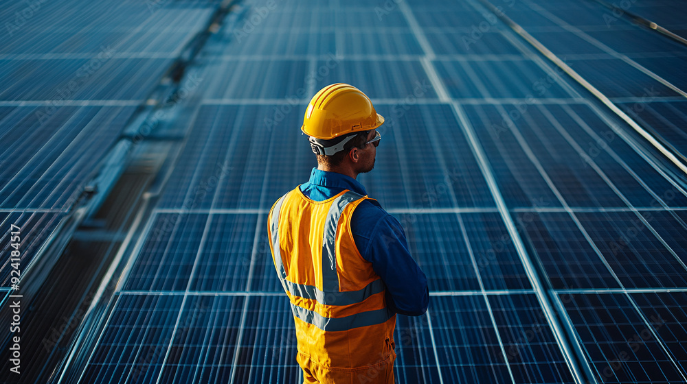 Engineer Inspecting Solar Panels with Copy Space for Text/Graphics, Renewable Energy Technology Concept Engineer Inspecting Solar Panels with Copy Space for Text/Graphics, Renewable Energy Technology Concept