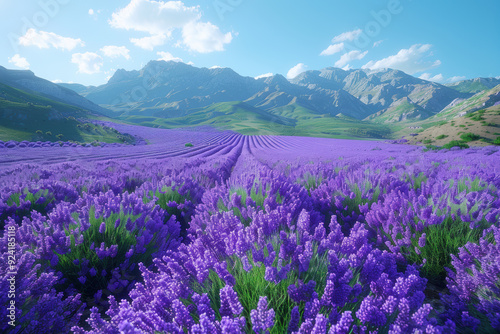 Beautiful lavender field landscape. Mountains in the background.