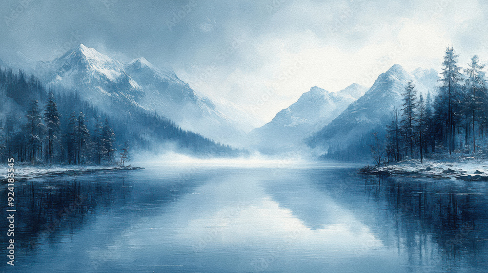 Fototapeta premium Illustration of majestic mountain landscape in winter. Mountains and trees reflected in the water surface.