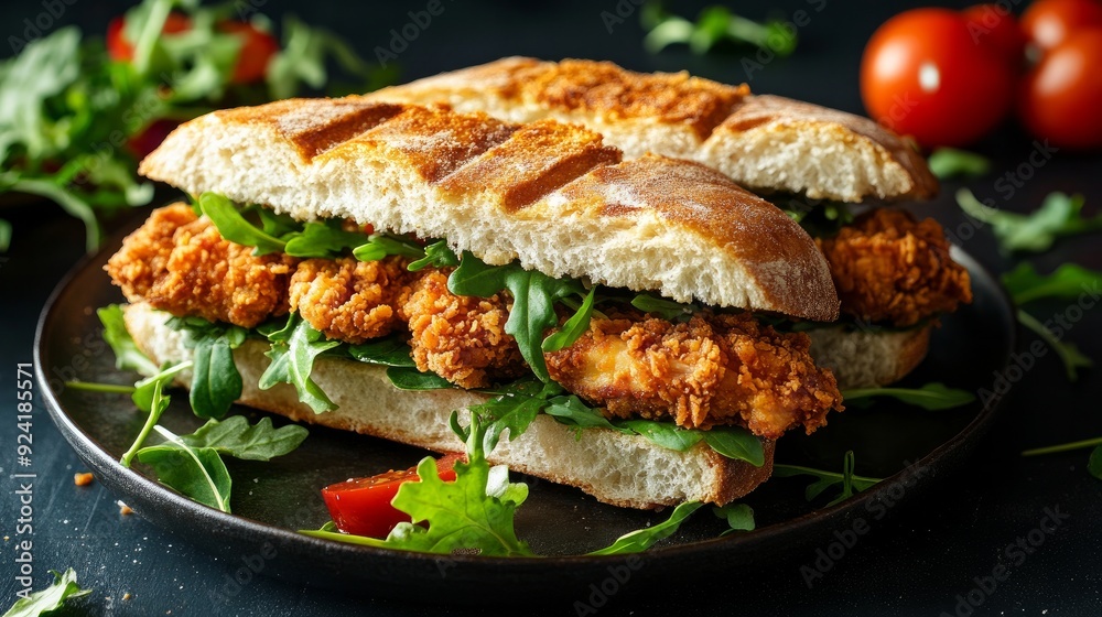 Rucola salad and crispy chicken on a panini sandwich Rucola salad and crispy chicken on a panini sandwich