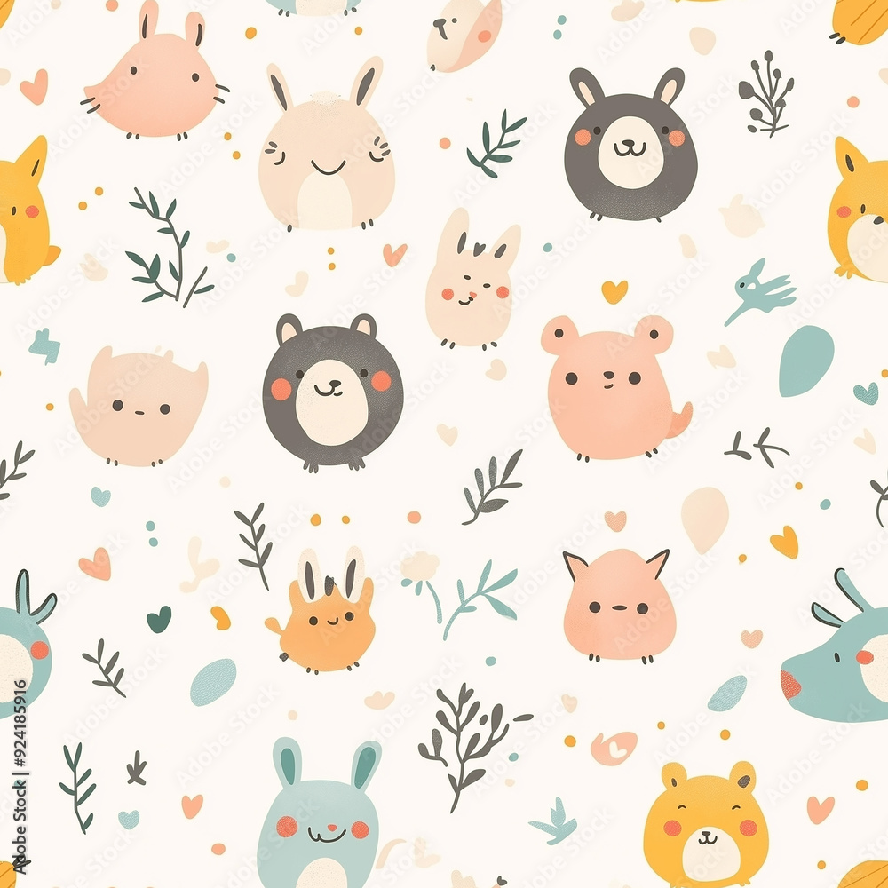 Obraz premium Adorable seamless pattern with tiny, round animals in pastel shades on a white background. The cute and simple design is ideal for baby products or playful themes.