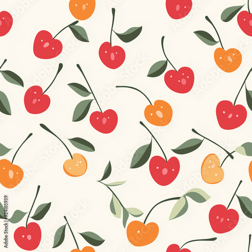 A playful pattern featuring colorful cherries in red, orange, and yellow, with green leaves, on a light background. This seamless design is ideal for tiling in textiles or decor.