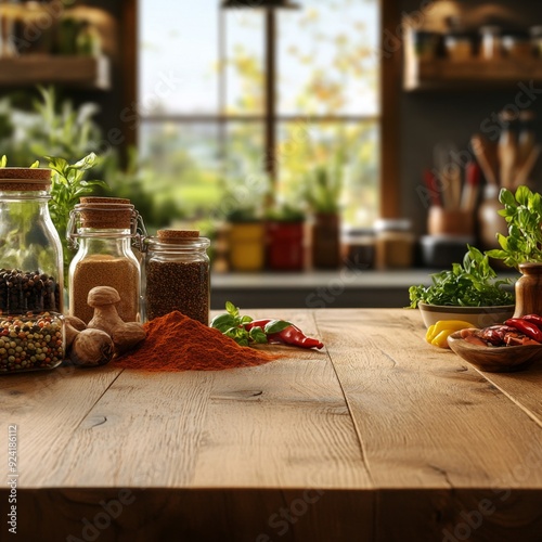 A Symphony of Flavors: Assortment of Spices and Kitchen Utensils on a Table in a Blurred Modern Kitchen Background,4K wallpaper, poster background
