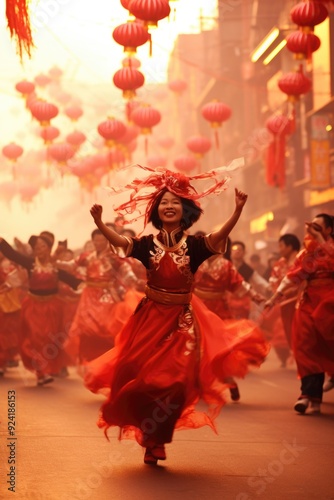 red chinese lanterns. Asian holiday chinese new year. Full moon and mid autumn festival. Vietnam. National costume