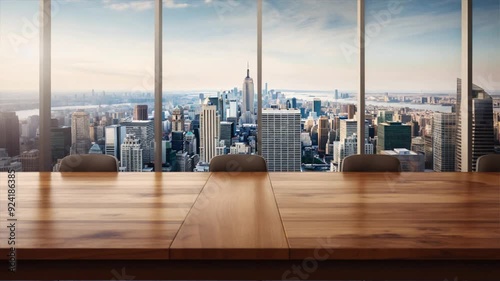 Office table in a skyscraper with a panoramic view of the city skyline, highlighting a modern workspace with stunning urban vistas, reflecting a high-end corporate environment, motion video