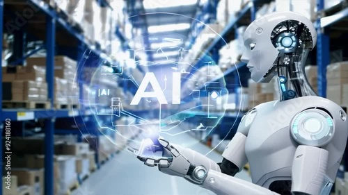 A cyborg or robot powered by artificial intelligence efficiently working in a logistics center warehouse, showcasing advanced automation and modern technology in supply chain management, motion video