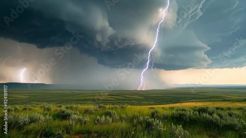 Thunderstorm with electric lightning bolts and dark storm clouds, motion landscape video 