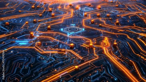 Motherboard or circuit board with neon glow moving data connections, motion video