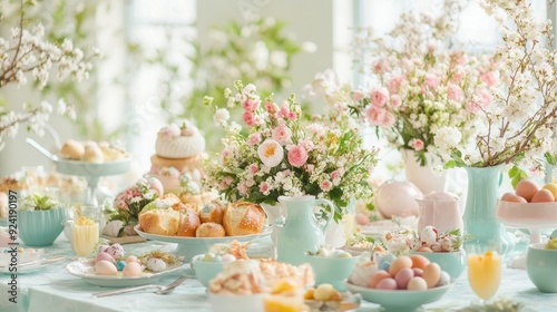 A delightful spread of pastries, flowers, and colorful eggs awaits guests at a festive spring brunch gathering