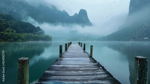 Wooden dock extending into a lake with a mountain backdrop, shrouded in morning fog, capturing a tranquil and picturesque landscape, motion video