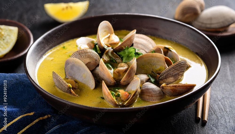 Steamed clams in a curry coconut milk sauce Steamed clams in a curry coconut milk sauce