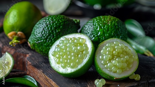 Finger limes on a dark wooden board, some cut open to reveal juicy caviar-like pearls inside, showcasing unique texture and vibrant color in close up food photography perfect for culinary presentation photo