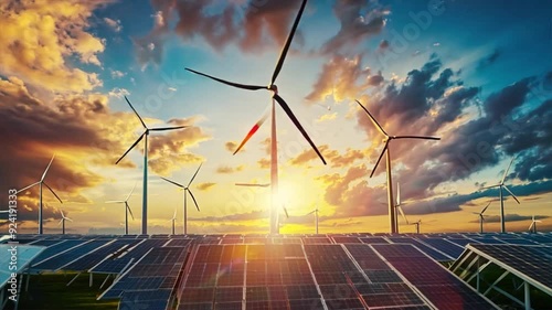Wind turbines landscape with solar panel farm, concept of sustainable development and green energy, motion video 