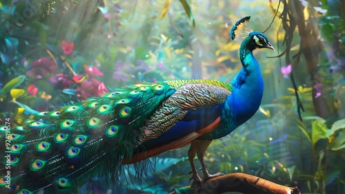 Majestic Peacock Perched Amidst Vibrant Jungle Foliage: A Wildlife Photography Showcase of Exotic Beauty