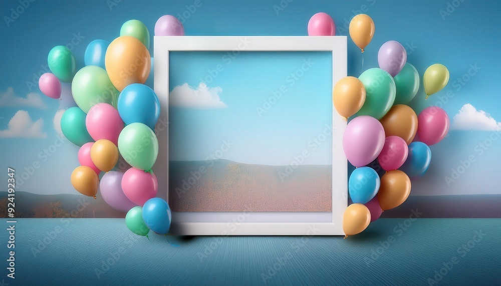 Picture Frame Surrounded by Colorful Balloons in a Dreamy Scene Picture Frame Surrounded by Colorful Balloons in a Dreamy Scene