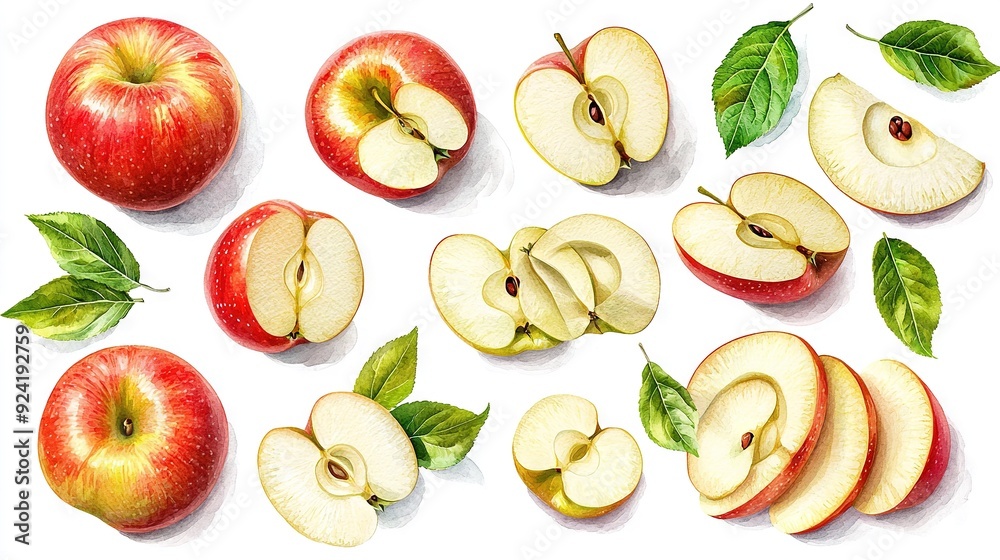 Apples with leaves on a white background Apples with leaves on a white background