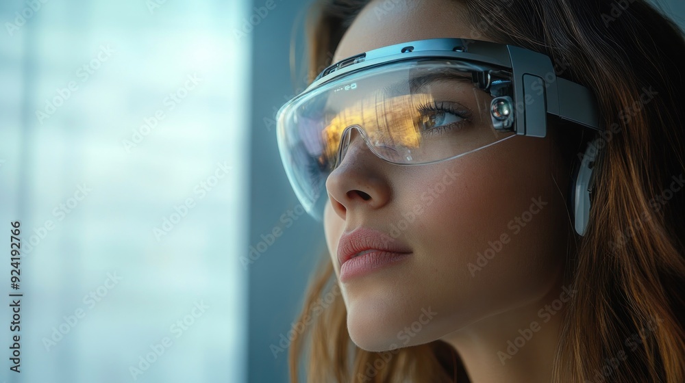 Woman Wearing Futuristic Augmented Reality Glasses Woman Wearing Futuristic Augmented Reality Glasses