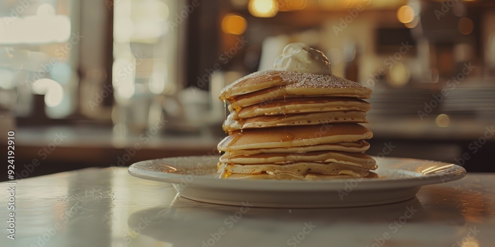 Pancakes served on a white platter Pancakes served on a white platter