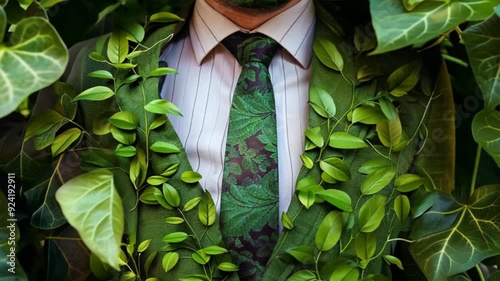 Man in a business suit covered in green leaves, blending corporate attire with nature, symbolizing sustainability and eco-consciousness, motion video