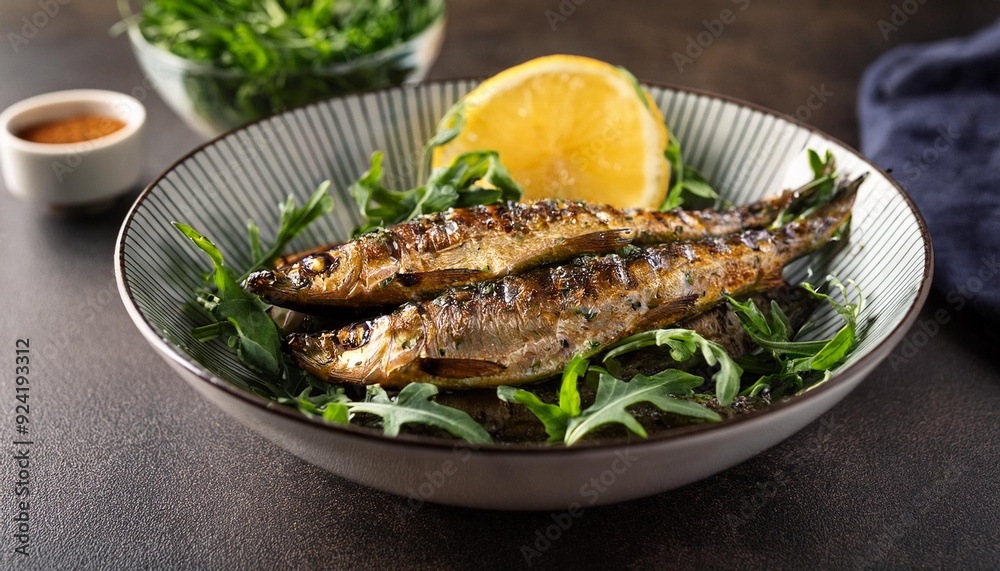 A bowl of grilled sardines drizzled with a lemon-thyme marinade and served on a bed of rocket A bowl of grilled sardines drizzled with a lemon-thyme marinade and served on a bed of rocket